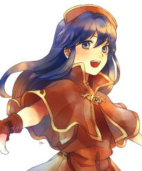Rule 34 | 1girl, :d, akke, blue hair, brown eyes, capelet, fingerless gloves, fire emblem, fire emblem: the binding blade, floating hair, gloves, lilina (fire emblem), long hair, nintendo, open mouth, outstretched arms, red capelet, red gloves, simple background, smile, solo, upper body, very long hair, white background