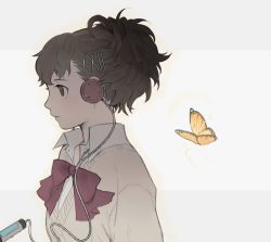 Rule 34 | 1girl, bow, brown eyes, brown hair, bug, butterfly, closed mouth, collared shirt, digital media player, from side, hair ornament, hairclip, headphones, insect, neekosiah, persona, persona 3, persona 3 portable, ponytail, shiomi kotone, shirt, short hair, solo, sweater, upper body, white background