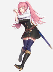 Rule 34 | 1girl, ;q, belt, black dress, breasts, brown belt, dress, female focus, fire emblem, fire emblem: three houses, full body, garreg mach monastery uniform, gonzarez, hands up, highres, hilda valentine goneril, holster, interlocked fingers, large breasts, leather belt, long hair, looking at viewer, matching hair/eyes, nintendo, one eye closed, pink eyes, pink hair, sheath, sheathed, shirt, shirt under dress, sidelocks, smile, solo, sword, thighhighs, thighs, tongue, tongue out, twintails, weapon, white shirt, wink, zettai ryouiki