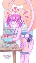 Rule 34 | 1girl, apron, artist name, axolotl girl, black shorts, bra, breasts, colored skin, feet out of frame, food, freckles, heart, highres, medium breasts, original, oven mitts, parted lips, pie, pink bra, pink eyes, pink hair, pink skin, print apron, short hair, shorts, smile, solo, spoon, standing, steam, tail, underwear, vitzypie, whisk, yellow apron
