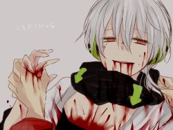 Rule 34 | 2boys, bad id, bad pixiv id, blood, blood in mouth, blood on face, death, headphones, holding hands, jacket, kagerou project, kisaragi shintarou, konoha (kagerou project), multiple boys, negi (ngng 9), red eyes, short hair, smile, solo focus, track jacket, translation request, vocaloid, white hair, yamaha
