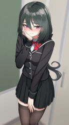 Rule 34 | 1girl, absurdres, black jacket, black thighhighs, blazer, blurry, blurry background, blush, buttons, closed mouth, commentary request, cowboy shot, green hair, hair between eyes, hand on own cheek, hand on own face, highres, jacket, long hair, long sleeves, nose blush, original, pleated skirt, red eyes, sayano (yakob labo), school uniform, skirt, smile, solo, thighhighs, yakob labo