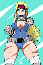 Rule 34 | 1girl, alternate costume, alternate hairstyle, backpack, bag, belt pouch, blonde hair, blue eyes, blue leotard, bodypaint, breasts, cammy white, camouflage, choker, cleavage, clenched hands, colorized, fighting stance, fingerless gloves, gloves, goggles, goggles on head, hair down, highres, kenron toqueen, leotard, medium breasts, no bra, over-kneehighs, pouch, sleeveless, smile, smirk, solo, source request, street fighter, street fighter v, thick thighs, thighhighs, thighs, wide hips, zipper