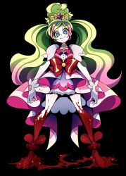 Rule 34 | 1girl, black background, blonde hair, blood, bow, cure flora, eyebrows, gloves, go! princess precure, gradient hair, green eyes, haruno haruka, long hair, looking at viewer, magical girl, multicolored eyes, multicolored hair, pink bow, pink eyes, pink hair, pink skirt, pool of blood, precure, red bow, senmu (0107), shoes, skirt, smile, solo, standing, thick eyebrows, two-tone hair, waist bow, white gloves