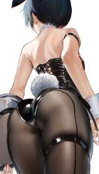 Rule 34 | 1girl, animal ears, ass, ass focus, back, bare shoulders, black hair, black leotard, black pantyhose, commentary request, detached collar, fake animal ears, fake tail, from behind, genderswap, genderswap (mtf), highres, houshin engi, leotard, mimoza (96mimo414), pantyhose, playboy bunny, rabbit ears, rabbit tail, short hair, solo, taikoubou, tail, thigh strap, tray, wrist cuffs