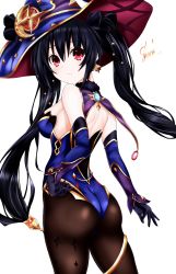 Rule 34 | 1girl, ass, bare shoulders, black hair, black pantyhose, blush, breasts, cosplay, earrings, from behind, genshin impact, hair between eyes, hair ornament, hair ribbon, hat, highres, jewelry, long hair, looking at viewer, mona (genshin impact), mona (genshin impact) (cosplay), neptune (series), noire (neptunia), pantyhose, red eyes, ribbon, shaah candidate, simple background, solo, star (symbol), star earrings, twintails, white background