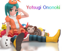 Rule 34 | 1girl, blurry, boots, character name, commentary request, depth of field, dress, green eyes, green hair, hat, layered dress, looking at viewer, monogatari (series), ononoki yotsugi, orange dress, puffy short sleeves, puffy sleeves, rubber boots, short hair, short sleeves, siraha, sitting, solo, striped clothes, striped thighhighs, stuffed animal, stuffed crab, stuffed monkey, stuffed snail, stuffed toy, thick eyebrows, thighhighs, v over eye