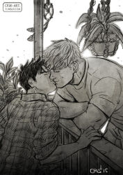 Rule 34 | 2boys, backlighting, bad id, bad tumblr id, bara, black hair, blonde hair, closed eyes, collared shirt, couple, cris art, crossed arms, from side, greyscale, hulkling, kiss, male focus, marvel, monochrome, multiple boys, pectorals, plant, shirt, short hair, sideburns, sleeves rolled up, smile, t-shirt, thick eyebrows, toned, toned male, upper body, wiccan, yaoi