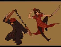 Rule 34 | 1boy, 1girl, bad id, bad pixiv id, breasts, brown hair, china dress, chinese clothes, dao (weapon), dress, flat color, full body, hat, letterboxed, nunchaku, original, simple background, sword, weapon, yaza