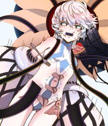 Rule 34 | 1girl, absurdres, black ribbon, black sclera, cameltoe, clothing cutout, colored sclera, colored tongue, dress, fangs, fate/grand order, fate (series), flower ornament, headgear, highres, long sleeves, looking at viewer, motion lines, navel, navel cutout, open mouth, puffy long sleeves, puffy sleeves, ribbon, see-through, shimogamo (shimomo 12), simple background, solo, sweatdrop, teeth, van gogh (fate), van gogh (third ascension) (fate), white background, white dress, white eyes, white hair
