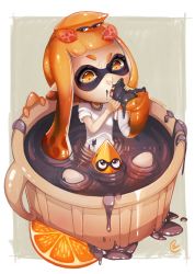 Rule 34 | 1girl, bad id, bad tumblr id, blunt bangs, chocolate, chocolate covered, eating, food, fruit, highres, ink, inkling, inkling girl, inkling player character, licking, long hair, lucky clover (luckyxclover), matching hair/eyes, mini person, minigirl, monster girl, nintendo, orange (fruit), orange eyes, orange hair, orange slice, partially submerged, pointy ears, short hair with long locks, solo, splatoon (series), splatoon 1, squid, tentacle hair, twintails