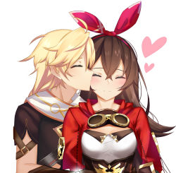 1boy 1girl absurdres aether_(genshin_impact) ahoge amber_(genshin_impact) arairev blonde_hair blush breasts brown_hair closed_eyes closed_mouth commission cropped_jacket crossed_bangs genshin_impact goggles goggles_around_neck hair_between_eyes hair_ribbon heart hetero highres jacket kiss kissing_cheek long_hair red_jacket red_ribbon ribbon scarf second-party_source short_sleeves simple_background smile white_background white_scarf