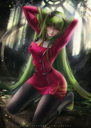 Rule 34 | 1girl, absurdly long hair, arms behind back, axsen, black pantyhose, boots, breasts, c.c., closed mouth, code geass, cosplay, darling in the franxx, dress, full body, green hair, grey footwear, grey hairband, hair between eyes, hairband, highres, horns, indoors, kneeling, large breasts, long hair, long sleeves, looking at viewer, pantyhose, red dress, short dress, smile, solo, very long hair, yellow eyes, zero two (darling in the franxx), zero two (darling in the franxx) (cosplay)