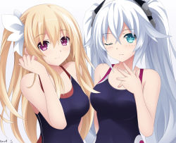 Rule 34 | 2girls, aqua eyes, artist name, asymmetrical hair, bare shoulders, black heart (neptunia), blonde hair, blue one-piece swimsuit, blush, breasts, cleavage, closed mouth, collarbone, competition swimsuit, creator connection, crossover, date a live, eyebrows, female focus, hair between eyes, hair ornament, hair ribbon, hand up, headgear, keenh, long hair, looking at viewer, mayuri (date a live), medium breasts, midriff, multiple girls, neptune (series), noire (neptunia), one-piece swimsuit, one eye closed, one side up, ponytail, purple eyes, ribbon, side ponytail, signature, smile, standing, swimsuit, symbol-shaped pupils, twintails, very long hair, white background, white hair, white ribbon