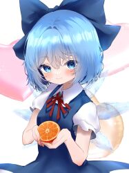 Rule 34 | 1girl, aqua eyes, aqua hair, blue bow, blue dress, blush, bow, cirno, closed mouth, collared shirt, dress, food, from above, fruit, hair bow, hands up, heart, highres, holding, holding food, holding fruit, ice, ice wings, looking at viewer, mikan (manmarumikan), neck ribbon, orange (fruit), pinafore dress, puffy short sleeves, puffy sleeves, red ribbon, ribbon, shirt, short hair, short sleeves, simple background, sleeveless, sleeveless dress, smile, solo, touhou, upper body, white background, white shirt, wings