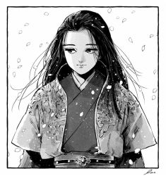 Rule 34 | 1boy, androgynous, border, chinese clothes, closed mouth, falling petals, floating hair, greyscale, hair slicked back, hono666, juuni kokuki, layered sleeves, light smile, long hair, long sleeves, male focus, monochrome, petals, sash, short over long sleeves, short sleeves, sideways glance, simple background, solo, straight hair, taiki (juuni kokuki), upper body, wind