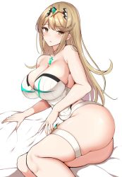 Rule 34 | 1girl, blonde hair, breasts, casual one-piece swimsuit, chest jewel, duplicate, gem, green gemstone, headpiece, highres, large breasts, long hair, mythra (radiant beach) (xenoblade), mythra (xenoblade), noeomi, one-piece swimsuit, ribbed swimsuit, solo, strapless, strapless one-piece swimsuit, striped clothes, striped one-piece swimsuit, swept bangs, swimsuit, two-tone swimsuit, vertical-striped clothes, vertical-striped one-piece swimsuit, very long hair, white one-piece swimsuit, xenoblade chronicles (series), xenoblade chronicles 2, yellow eyes