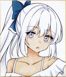 Rule 34 | 1girl, blue archive, blush, collarbone, commentary request, dakkusu, frilled one-piece swimsuit, frills, grey hair, highres, long hair, looking at viewer, miyako (blue archive), miyako (swimsuit) (blue archive), off-shoulder one-piece swimsuit, off shoulder, official alternate costume, one-piece swimsuit, open mouth, ponytail, portrait, purple eyes, shikishi, solo, swimsuit, traditional media