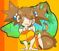 Rule 34 | 1girl, :3, breasts, brown eyes, brown hair, dress, emeraldodyssey, humanization, large breasts, sega, sidelocks, sleeveless, spiked hair, striped clothes, striped dress, super monkey ball, tail, thick thighs, thighhighs, thighs, twintails, yanyan (super monkey ball)