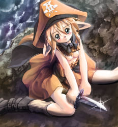 Rule 34 | blade, blonde hair, blush, boots, breasts, dagger, elf, green eyes, hat, knife, pointy ears, smile, weapon