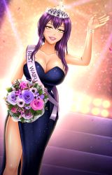 Rule 34 | 1girl, alexis (fap ceo), bare arms, bare shoulders, bouquet, breasts, cleavage, dress, dutch angle, evening gown, fap ceo, feet out of frame, flower, indoors, large breasts, mature female, purple hair, rose, side slit, smile, solo, stairs, standing, strapless, strapless dress, tiara, waving, yellow eyes