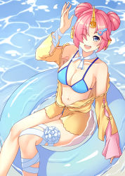 Rule 34 | 1girl, absurdres, ang (6107939), bandaged arm, bandaged leg, bandages, bikini, bikini under clothes, blue bikini, blue eyes, blush, breasts, cleavage, collarbone, double bun, fate/grand order, fate (series), frankenstein&#039;s monster (fate), frankenstein&#039;s monster (swimsuit saber) (fate), frankenstein&#039;s monster (swimsuit saber) (first ascension) (fate), hair bun, highres, horns, innertube, medium breasts, navel, neck ribbon, off shoulder, one eye closed, pink hair, ribbon, single horn, sleeves past fingers, sleeves past wrists, smile, solo, swim ring, swimsuit, swimsuit under clothes, thighs, water, white ribbon