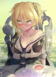 Rule 34 | 1girl, bad id, bad pixiv id, blonde hair, blush, breasts, breasts apart, collarbone, cup, girls&#039; frontline, grabbing own breast, green eyes, highres, looking away, loose necktie, medium breasts, necktie, nose blush, off shoulder, pinstripe pattern, pinstripe vest, saucer, sleeves rolled up, solo, striped clothes, striped vest, table, tea, teacup, torriet, twintails, vest, welrod mkii (girls&#039; frontline)