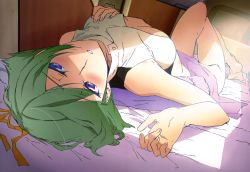 Rule 34 | 10s, 1girl, absurdres, aquarion (series), aquarion evol, barefoot, blue eyes, blush, green hair, highres, kurita shin&#039;ichi, lying, non-web source, nyantype, official art, on back, parted lips, scan, solo, zessica wong