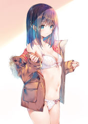 Rule 34 | 1girl, bare shoulders, blue eyes, blue hair, blush, bra, breasts, brown coat, buttons, cleavage, closed mouth, coat, collarbone, cowboy shot, duffel coat, fur-trimmed coat, fur trim, groin, hair ornament, hairclip, highres, long hair, long sleeves, looking at viewer, miwabe sakura, navel, non-web source, off shoulder, open clothes, open coat, original, panties, sidelocks, sleeves past wrists, small breasts, solo, standing, stomach, underwear, white background, white bra, white panties, zipper