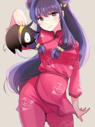Rule 34 | 1girl, chinese clothes, contrapposto, cowboy shot, double bun, floral print, grey background, hair bobbles, hair ornament, highres, kate iwana, looking at viewer, p-chan, pig, purple eyes, purple hair, ranma 1/2, shampoo (ranma 1/2), simple background, standing, x x