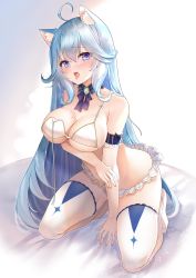 Rule 34 | 1girl, ahoge, animal ear fluff, animal ears, arm garter, bare shoulders, bikini, blue eyes, blue hair, breast hold, breasts, brooch, cat ears, cleavage, detached collar, fang, frilled bikini, frills, highres, indie virtual youtuber, jewelry, kanase ito, large breasts, long hair, looking at viewer, mole, mole on breast, neco meito, open mouth, saliva, solo, spaghetti strap, string bikini, swimsuit, thighhighs, tongue, tongue out, untied bikini, very long hair, virtual youtuber, white bikini, white thighhighs