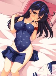 Rule 34 | 10s, 1girl, ahoge, black hair, blush, breasts, brown eyes, covered erect nipples, covered navel, gradient background, hand on own chest, highleg, highleg swimsuit, highres, impossible clothes, impossible swimsuit, kantai collection, large breasts, long hair, looking at viewer, lying, medium breasts, on back, on bed, one-piece swimsuit, open clothes, open mouth, open skirt, pillow, polka dot, polka dot swimsuit, scrunchie, skirt, unworn skirt, solo, sweat, swimsuit, ushio (kancolle), wrist scrunchie, yuzu modoki