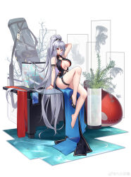 Rule 34 | 1girl, absurdres, alternate costume, alternate hairstyle, arknights, arm behind head, arm up, armlet, bare shoulders, black dress, blue nails, breasts, china dress, chinese clothes, cleavage, commentary request, dress, grey hair, high ponytail, highres, inflatable orca, inflatable toy, jellyfish, jiusan naitang, knee up, long hair, looking at viewer, nail polish, parted lips, plant, red eyes, single barefoot, sitting, skadi (arknights), sleeveless, sleeveless dress, solo, table, thigh strap, toenail polish, toenails, underboob, very long hair, water tank, weapon case, wide shot