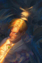 Rule 34 | 1boy, absurdres, blonde hair, collared shirt, crack of light, erwin smith, expressionless, flower request, from above, highres, jewelry, l.k (lk cyz), looking ahead, male focus, necklace, shingeki no kyojin, shirt, short hair, solo, sunlight, thick eyebrows, upper body