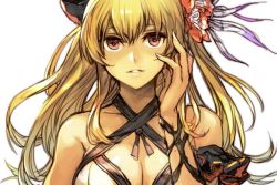 Rule 34 | 10s, 1girl, bare shoulders, bikini, blonde hair, breasts, brown eyes, cleavage, flower, granblue fantasy, hair flower, hair ornament, hair ribbon, hungry clicker, large breasts, parted lips, ribbon, solo, swimsuit, vira (granblue fantasy)