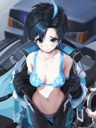 Rule 34 | 1girl, ahoge, bare shoulders, bikini, black gloves, black hair, black survival, blue bikini, blue eyes, blue hair, blush, bodysuit, breasts, car, cleavage, closed mouth, collarbone, commentary request, cowboy shot, cuffs, dyed ahoge, earrings, from above, glint, gloves, handcuffs, jewelry, legs apart, letdie1414, looking at viewer, medium breasts, motor vehicle, motorcycle, multicolored hair, off shoulder, open bodysuit, open clothes, perspective, police car, pov, pussy juice, pussy juice drip through clothes, racing suit, short hair, silvia piquet, smile, solo focus, stud earrings, swimsuit, two-tone hair, undressing, unzipped