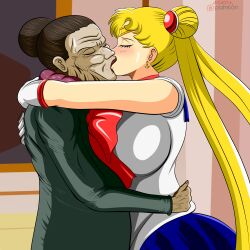 Rule 34 | 2girls, absurdres, age difference, bishoujo senshi sailor moon, breasts, cleavage, dicasty, highres, huge breasts, kiss, multiple girls, old, old woman, sailor moon, smile, tsukino usagi, yuri