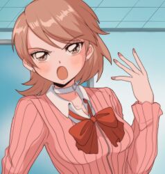 Rule 34 | 1girl, blue background, blush, bow, bowtie, breasts, brown eyes, brown hair, cardigan, choker, collared shirt, commentary, earrings, gekkoukan high school uniform, hand up, highres, indoors, jewelry, long sleeves, looking at viewer, medium breasts, medium hair, open mouth, parted bangs, persona, persona 3, pink cardigan, red bow, red bowtie, retro artstyle, romaji commentary, school uniform, shirt, solo, stud earrings, swept bangs, takeba yukari, upper body, v-shaped eyebrows, white choker, white shirt, yuyuy 00