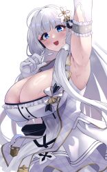 Rule 34 | 1girl, arm up, armpit crease, armpit focus, armpits, azur lane, bare shoulders, blue eyes, blush, breasts, cleavage, dress, gloves, highres, huge breasts, illustrious (azur lane), long hair, looking at viewer, open mouth, sidelocks, smile, solo, wee (weeyy), white dress, white gloves, white hair