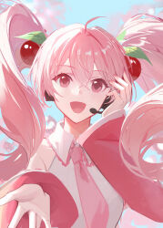 Rule 34 | 1girl, :d, absurdres, ahoge, bare shoulders, blue sky, collared shirt, commentary request, day, detached sleeves, floating hair, hair between eyes, hand up, hatsune miku, headphones, headset, highres, long hair, long sleeves, looking at viewer, necktie, open mouth, outdoors, pink hair, pink necktie, red eyes, red sleeves, sakura miku, shirt, sky, sleeveless, sleeveless shirt, smile, solo, twintails, upper body, very long hair, vocaloid, vsmile, white shirt, wide sleeves