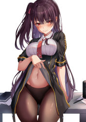 Rule 34 | 1girl, absurdres, black pantyhose, black skirt, blazer, blush, breasts, clothes lift, girls&#039; frontline, gloves, hair ribbon, half updo, high-waist skirt, highres, jacket, large breasts, lifting own clothes, long hair, looking at viewer, navel, necktie, one side up, pantyhose, purple hair, red eyes, red necktie, ribbon, shirt, skirt, skirt lift, solo, stomach, thighs, very long hair, wa2000 (girls&#039; frontline), yukiaka