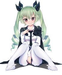 Rule 34 | 10s, 1girl, anchovy (girls und panzer), black necktie, black ribbon, black skirt, blush, caibao return, cape, closed mouth, covering crotch, covering privates, dress shirt, drill hair, full body, girls und panzer, green hair, hair ribbon, highres, holding, holding riding crop, long hair, long sleeves, looking at viewer, miniskirt, necktie, no shoes, pantyhose, pleated skirt, red eyes, ribbon, riding crop, school uniform, shadow, shirt, simple background, sitting, skirt, skirt tug, smile, solo, twin drills, twintails, white background, white pantyhose, white shirt