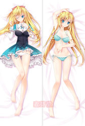 Rule 34 | 10s, 1girl, absolute duo, bare shoulders, barefoot, bikini, blonde hair, blue eyes, blush, breasts, capelet, cleavage, frills, lilith bristol, long hair, one eye closed, panties, ribbon, school uniform, skirt, smile, solo, swimsuit, underwear