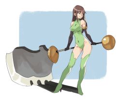 Rule 34 | 1girl, bare shoulders, black gloves, blue eyes, boots, breasts, brown hair, closed mouth, covered navel, elbow gloves, full body, gloves, green footwear, green leotard, halterneck, high heel boots, high heels, highleg, highleg leotard, holding, holding weapon, huge weapon, leotard, light smile, long hair, looking away, original, shadow, sideboob, sidelocks, skin tight, sleeveless, sleeveless turtleneck, solo, standing, thigh boots, thighhighs, turtleneck, vins-mousseux, weapon
