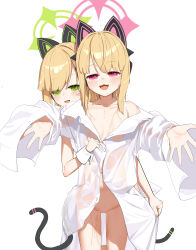 Rule 34 | 2girls, absurdres, animal ear headphones, animal ears, blonde hair, blue archive, blush, cat tail, clothes lift, collarbone, fake animal ears, green eyes, green halo, halo, headphones, highres, lifting another&#039;s clothes, looking at viewer, marshal (artist), medium hair, midori (blue archive), momoi (blue archive), multiple girls, open mouth, pink halo, pussy, red eyes, see-through, see-through shirt, shirt, shirt lift, siblings, simple background, sisters, sleeves past fingers, sleeves past wrists, tail, wet, wet clothes, white background, white shirt