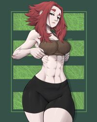 Rule 34 | 1girl, abs, breasts, large breasts, limn044, original, red hair, roxan (limn044), short hair, shorts, thick thighs, thighs
