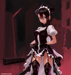 Rule 34 | 1girl, agent (girls&#039; frontline), asymmetrical hair, black gloves, black hair, black panties, black thighhighs, breasts, clothes lift, commentary request, dated, double bun, dress, dress lift, frills, garter straps, girls&#039; frontline, gloves, grey eyes, gun, hair between eyes, hair bun, horns, long hair, looking at viewer, looking to the side, maid, maid headdress, medium breasts, michitoku, panties, parted lips, puffy sleeves, sangvis ferri, short hair, skirt, solo, standing, thighhighs, underwear, watermark, weapon, web address