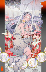 Rule 34 | 1girl, abstract, bad id, bad pixiv id, bandaged arm, bandaged neck, bandages, blood, blood on clothes, blood splatter, breasts, chopsticks, commentary, disembodied hand, dress, eyepatch, fish skeleton, food, fork, full body, gauze, grey dress, hair pulled back, hairband, hook, light purple hair, long hair, lying, meat, nanase miri, on side, original, parted lips, plate, sailor collar, sleeveless, sleeveless dress, small breasts, socks, solo, stuffed animal, stuffed toy, table, teddy bear, white socks, yellow eyes