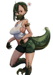 Rule 34 | 1girl, absurdres, anger vein, bare shoulders, breasts, claws, deviljho, covered erect nipples, green hair, highres, leg up, looking at viewer, mask, miao yao cha, midriff, monster hunter (series), monster hunter: world, personification, pointy ears, red eyes, short hair, shorts, simple background, solo, spoken anger vein, tail, tank top, white background