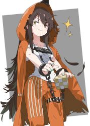 Rule 34 | 1girl, arknights, black feathers, brown feathers, brown hair, cape, cowboy shot, cuffs, drawdrawdeimos, feathers, grey background, highres, holding cube, hood, hood up, hooded cape, kafka (arknights), light blush, long hair, looking at viewer, orange cape, orange pants, pants, prison clothes, rubik&#039;s cube, shackles, shirt, sidelocks, smirk, solo, sparkle, torn clothes, two-tone background, very long hair, white background, white shirt, yellow eyes